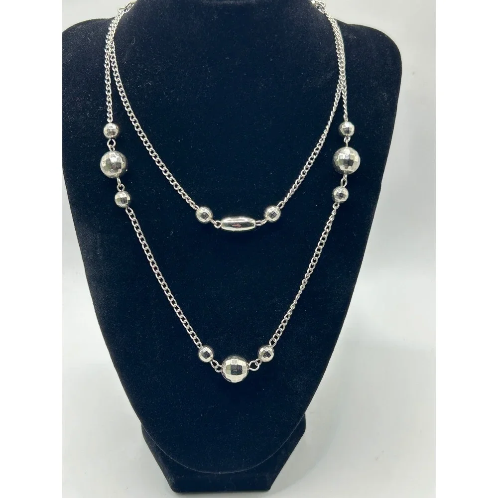 Silver Tone‎ Double Strand Layered Necklace Faceted Disco Ball Bead Curb Chain